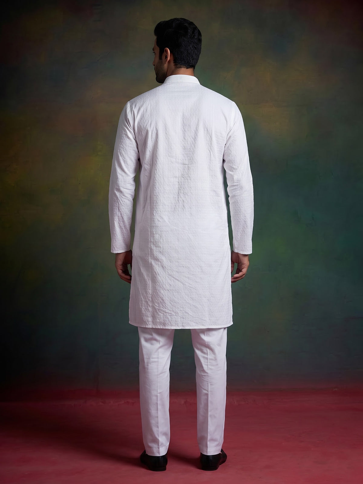 Classic white thread work cotton blend kurta set ensemble for men