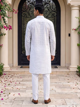 White thread weaving cotton blend festive kurta set for men
