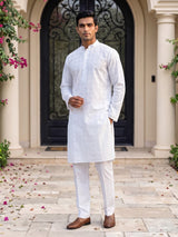 White thread weaving cotton blend festive kurta set for men