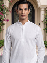 White thread weaving cotton blend festive kurta set for men