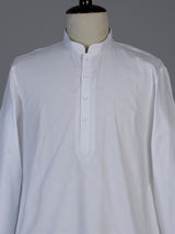 White thread weaving cotton blend festive kurta set for men