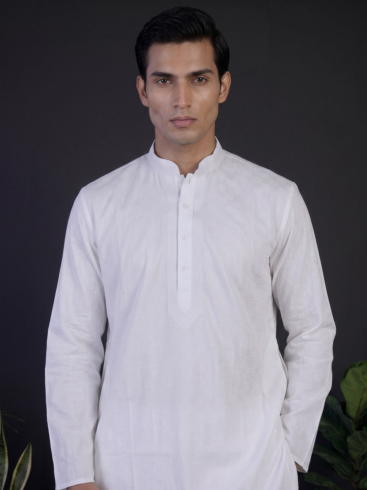 White textured cotton blend festive kurta set for men