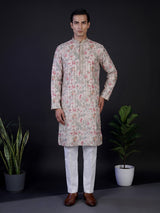 Peach floral printed linen blend festive kurta set for men