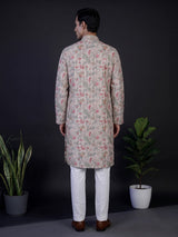 Peach floral printed linen blend festive kurta set for men