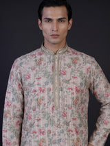 Peach floral printed linen blend festive kurta set for men