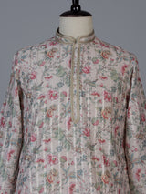 Peach floral printed linen blend festive kurta set for men