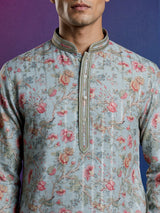 Light blue floral printed linen blend festive kurta set for men
