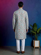 Light blue floral printed linen blend festive kurta set for men