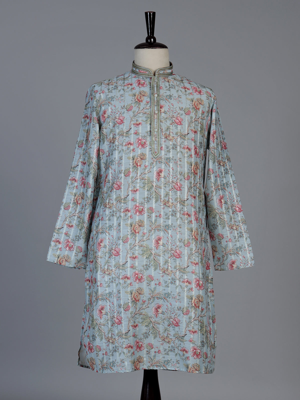 Light blue floral printed linen blend festive kurta set for men