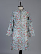 Light blue floral printed linen blend festive kurta set for men