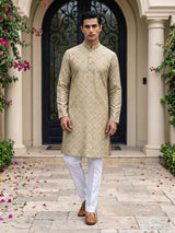 Light green linen silk festive printed kurta suit for men