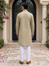 Light green linen silk festive printed kurta suit for men