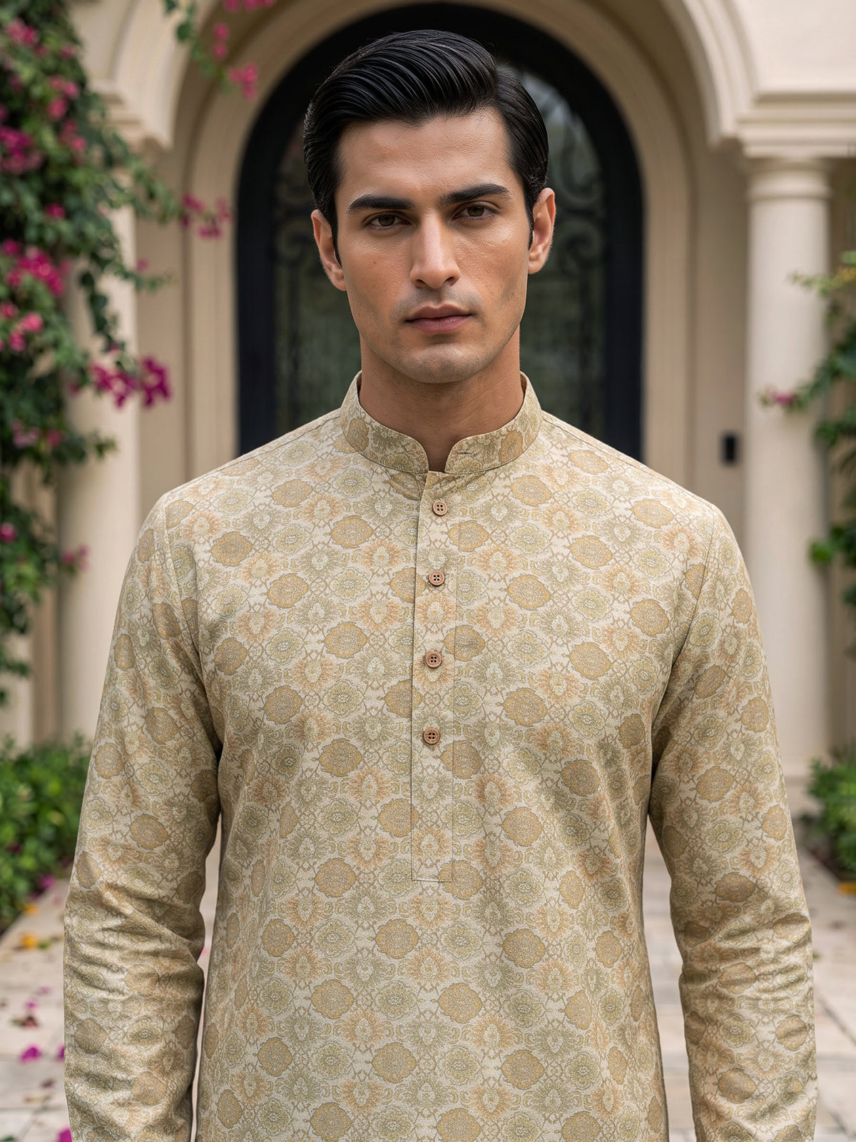 Light green linen silk festive printed kurta suit for men