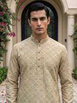 Light green linen silk festive printed kurta suit for men