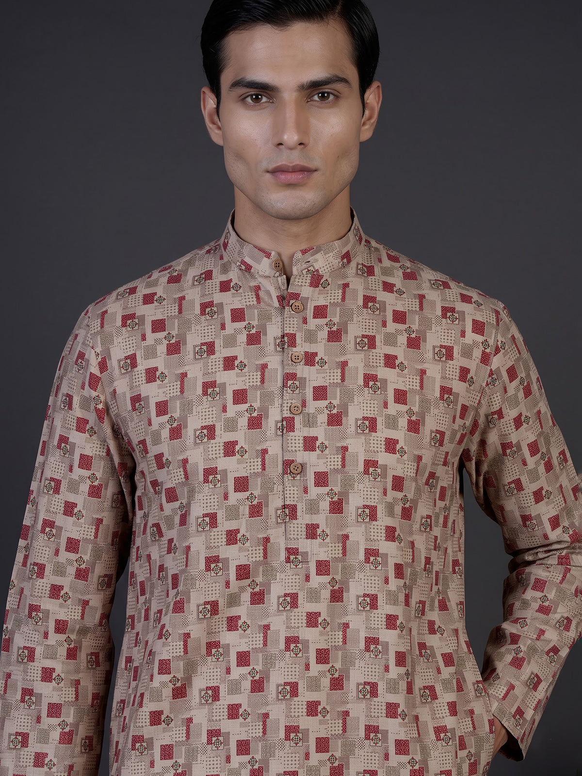 Beige printed cotton silk elegant festive kurta suit for men