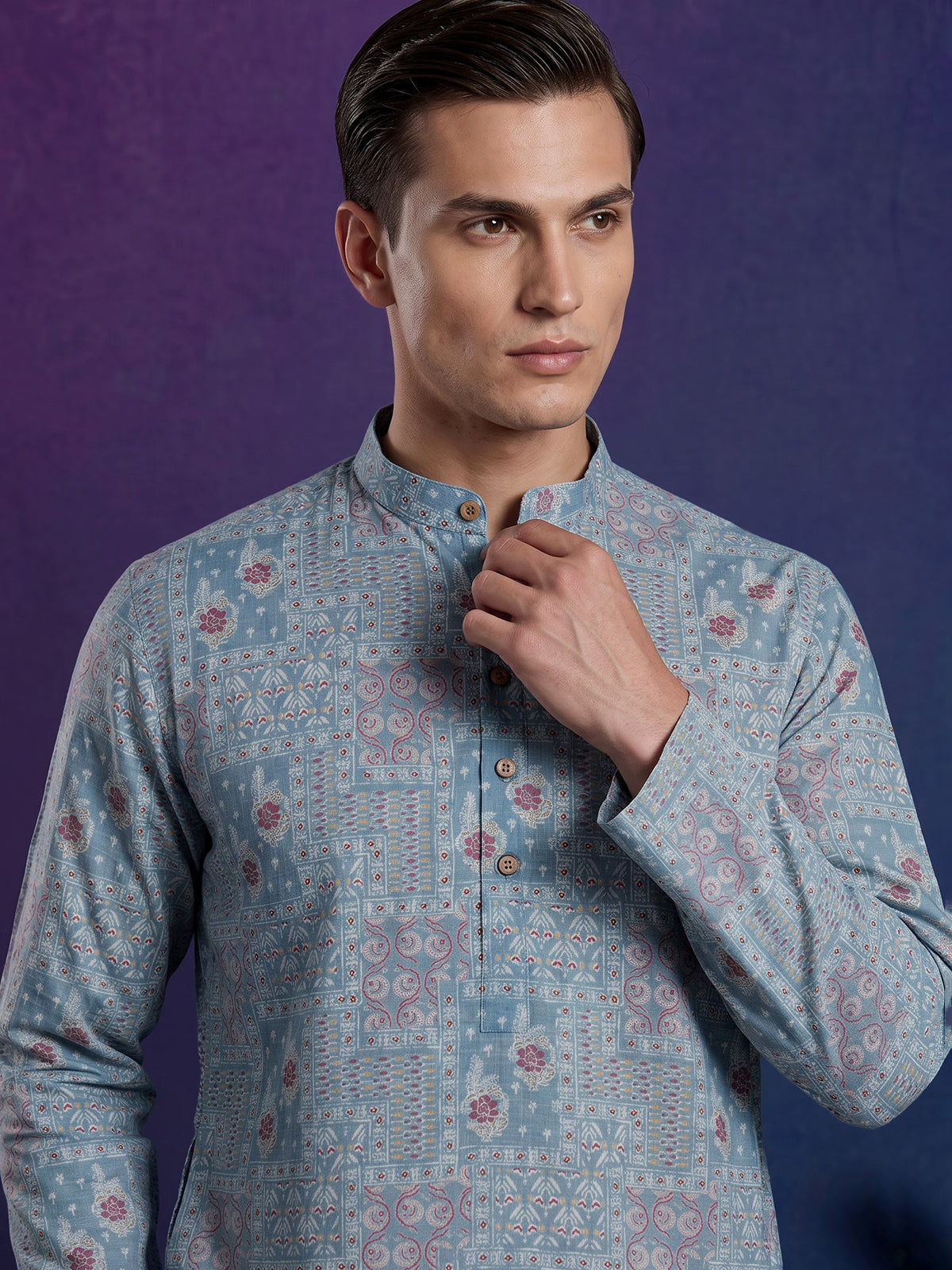 Light blue printed cotton silk festive mandarin kurta suit for men