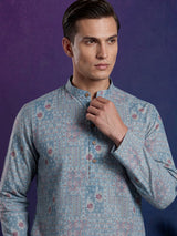 Light blue printed cotton silk festive mandarin kurta suit for men