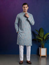 Light blue printed cotton silk festive mandarin kurta suit for men