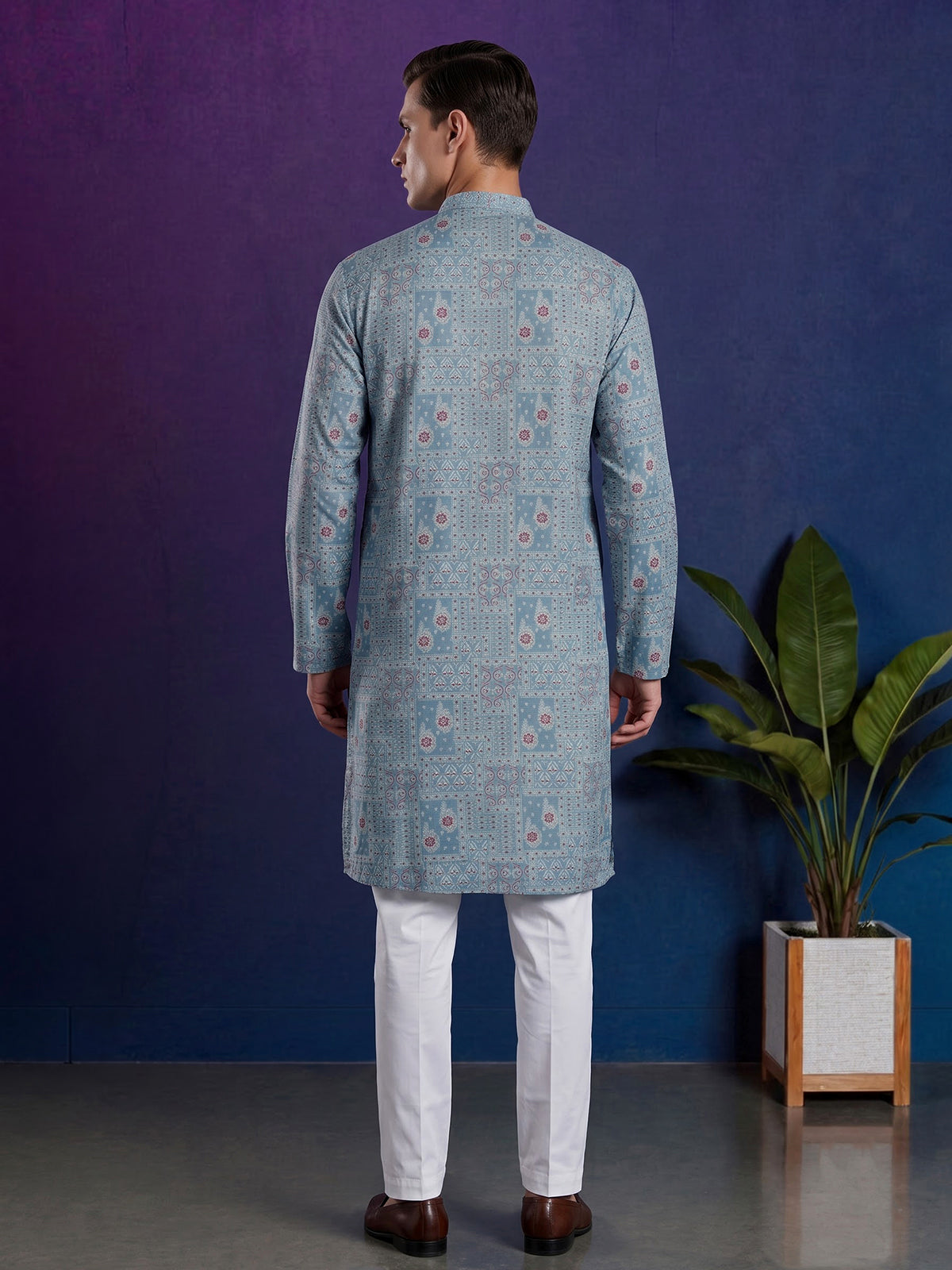 Light blue printed cotton silk festive mandarin kurta suit for men