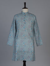 Light blue printed cotton silk festive mandarin kurta suit for men