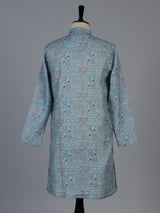 Light blue printed cotton silk festive mandarin kurta suit for men