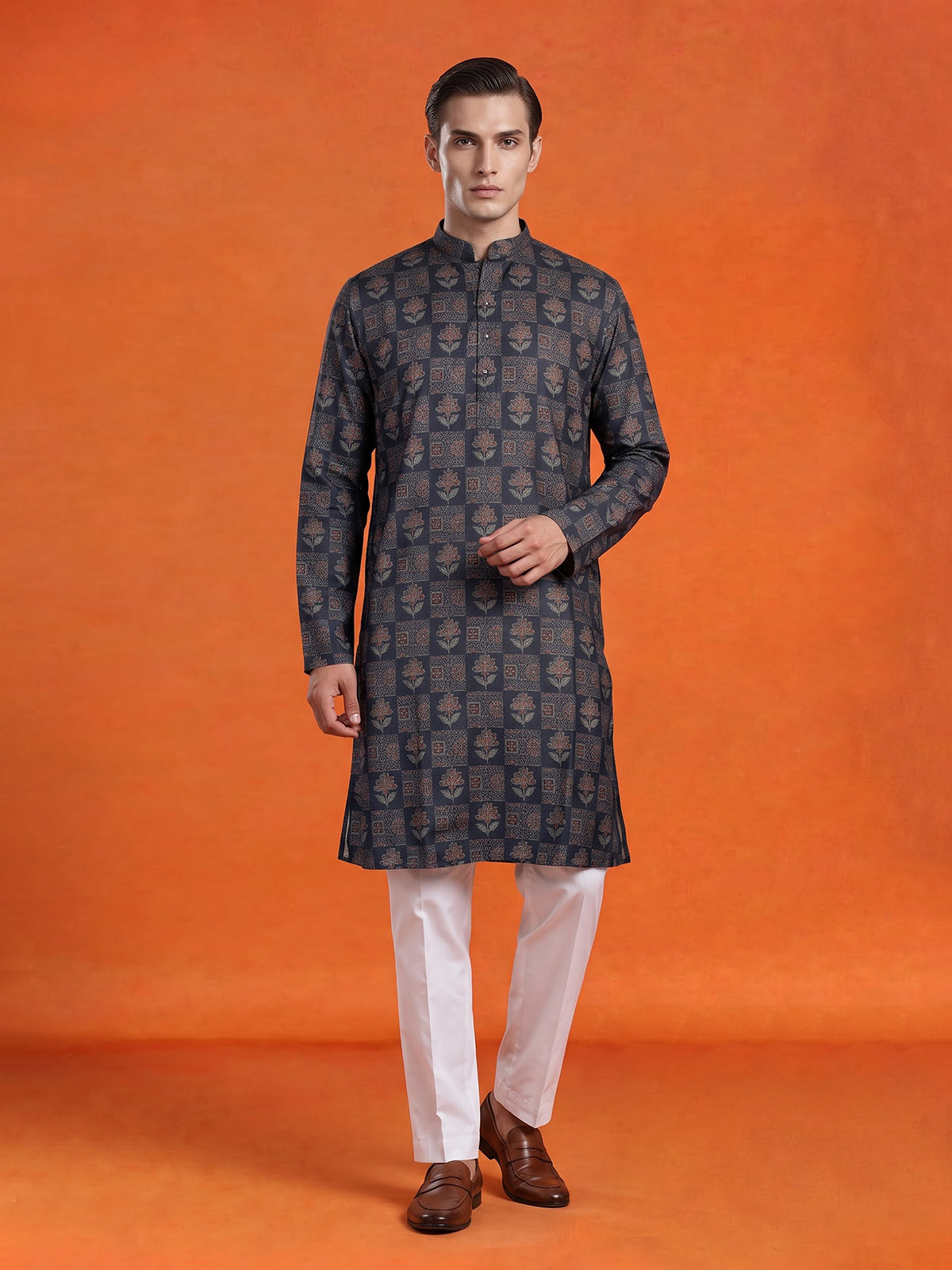 Navy blue floral printed cotton silk festive kurta suit for men