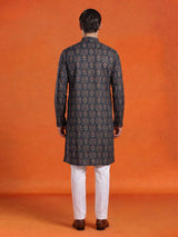 Navy blue floral printed cotton silk festive kurta suit for men
