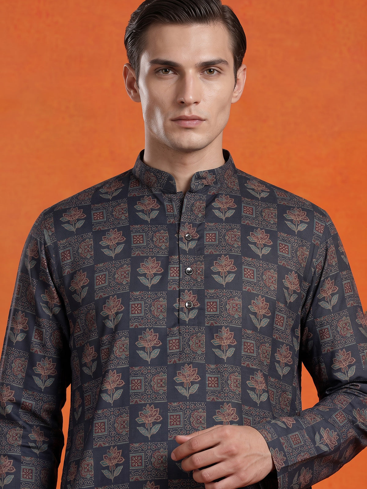 Navy blue floral printed cotton silk festive kurta suit for men