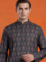 Navy blue floral printed cotton silk festive kurta suit for men