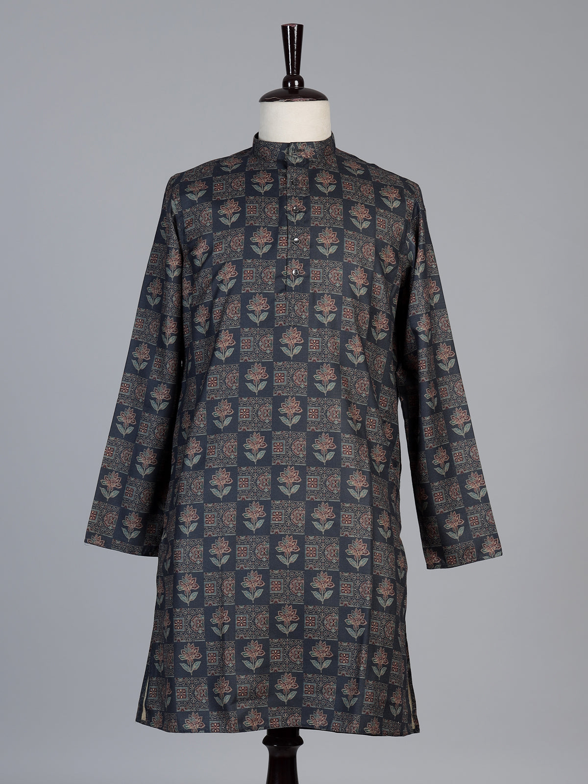 Navy blue floral printed cotton silk festive kurta suit for men