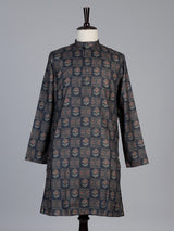 Navy blue floral printed cotton silk festive kurta suit for men