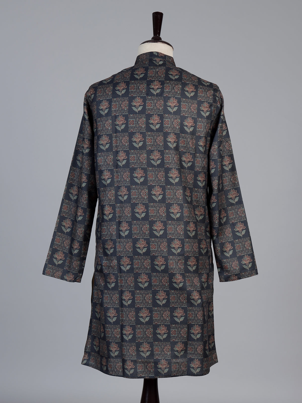 Navy blue floral printed cotton silk festive kurta suit for men