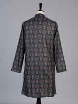 Navy blue floral printed cotton silk festive kurta suit for men