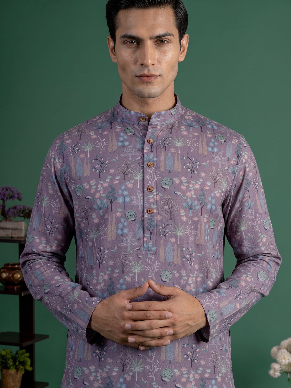 Lavender purple cotton silk peacock motif festive kurta suit for men