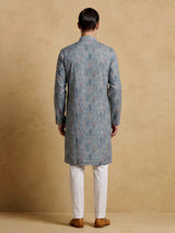 Sage green cotton silk peacock motif festive kurta suit for men