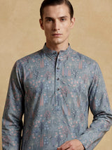 Sage green cotton silk peacock motif festive kurta suit for men