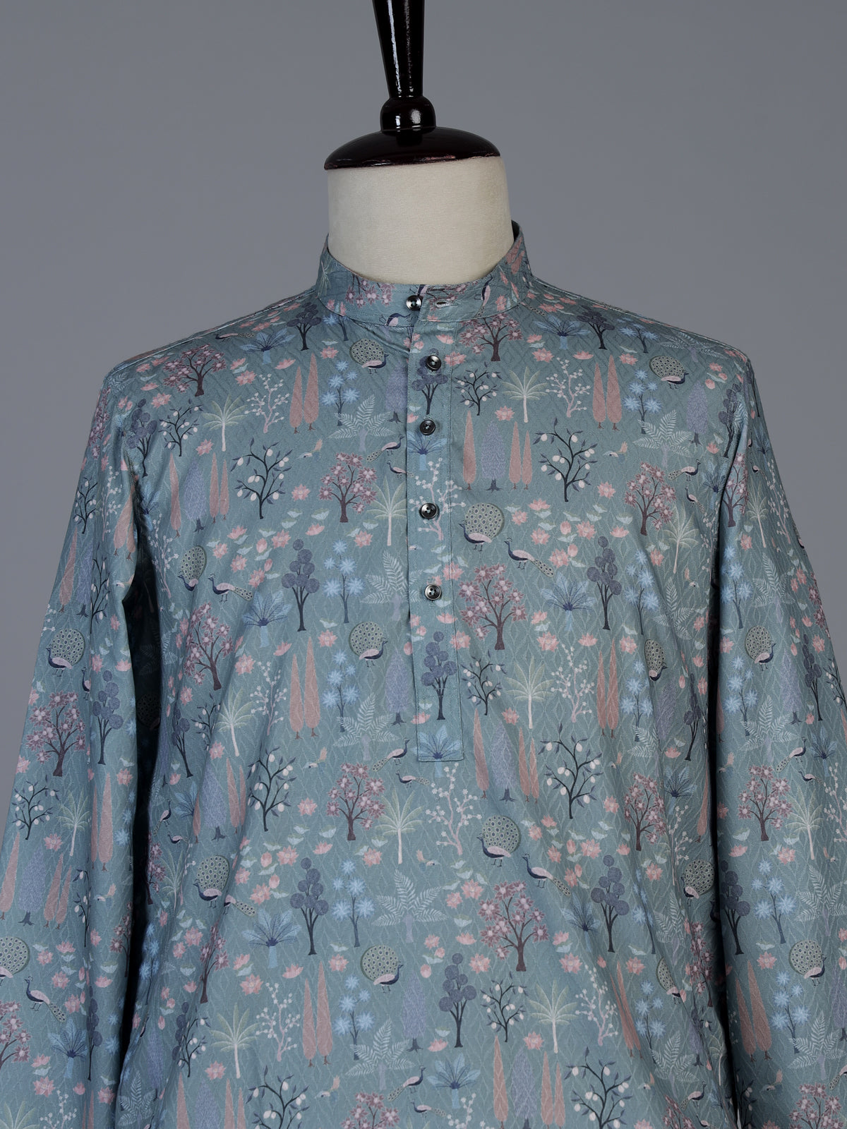 Sage green cotton silk peacock motif festive kurta suit for men