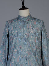 Sage green cotton silk peacock motif festive kurta suit for men