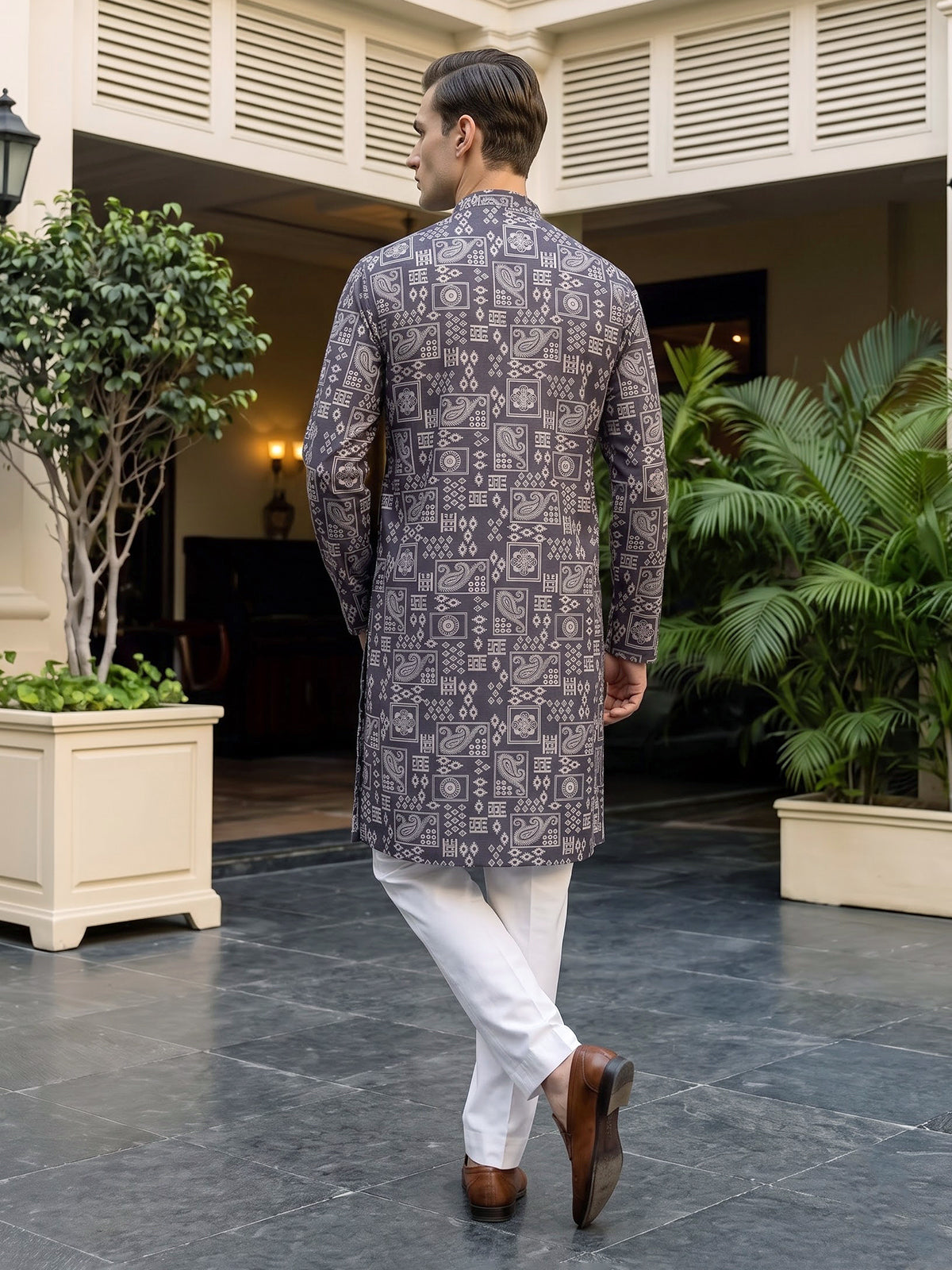 Dark grey printed cotton silk festive kurta suit for men with mandarin collar