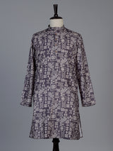 Dark grey printed cotton silk festive kurta suit for men with mandarin collar
