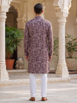 Brown printed cotton silk festive kurta suit for men with mandarin collar