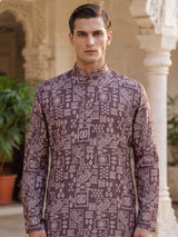 Brown printed cotton silk festive kurta suit for men with mandarin collar