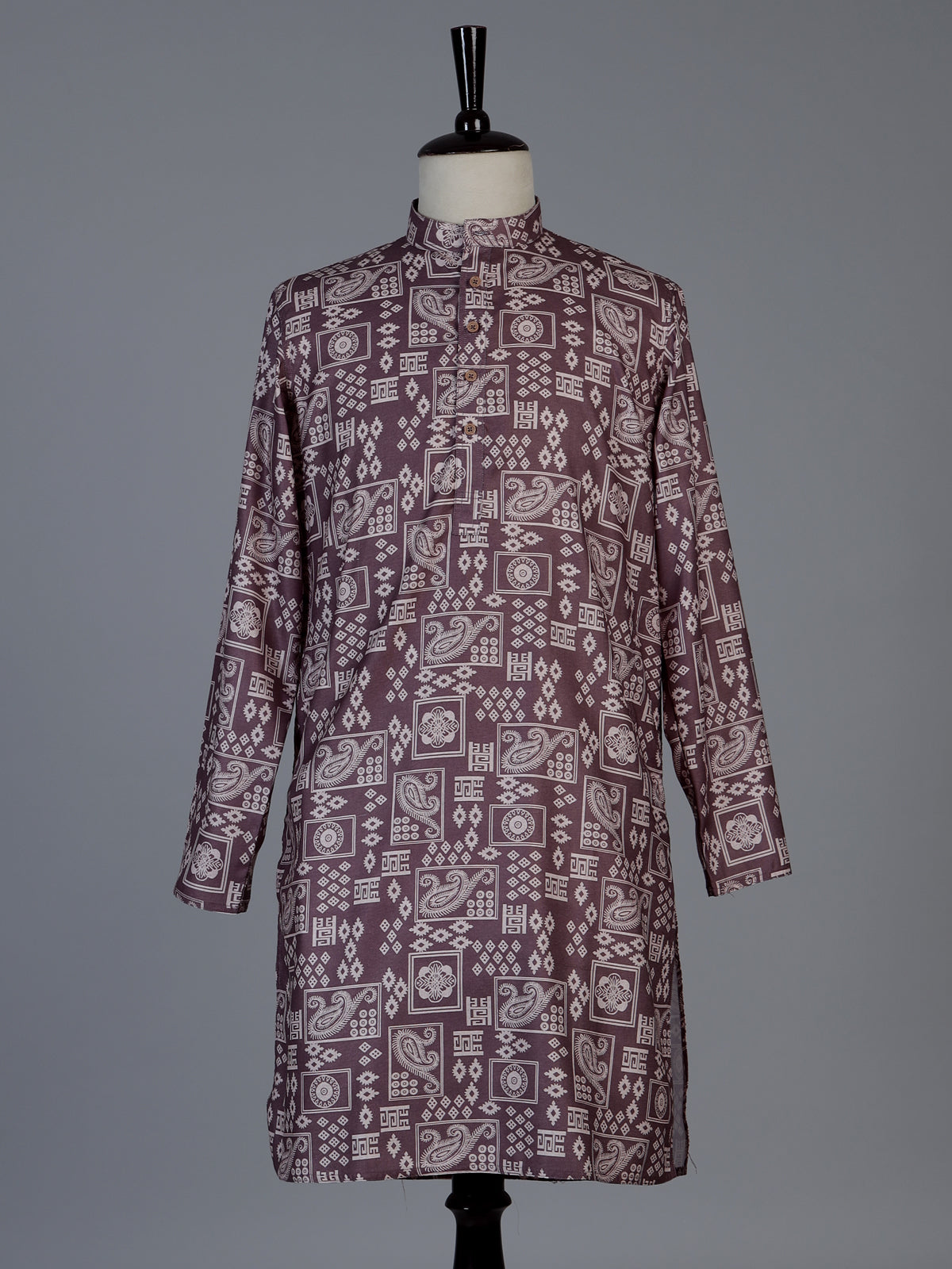 Brown printed cotton silk festive kurta suit for men with mandarin collar