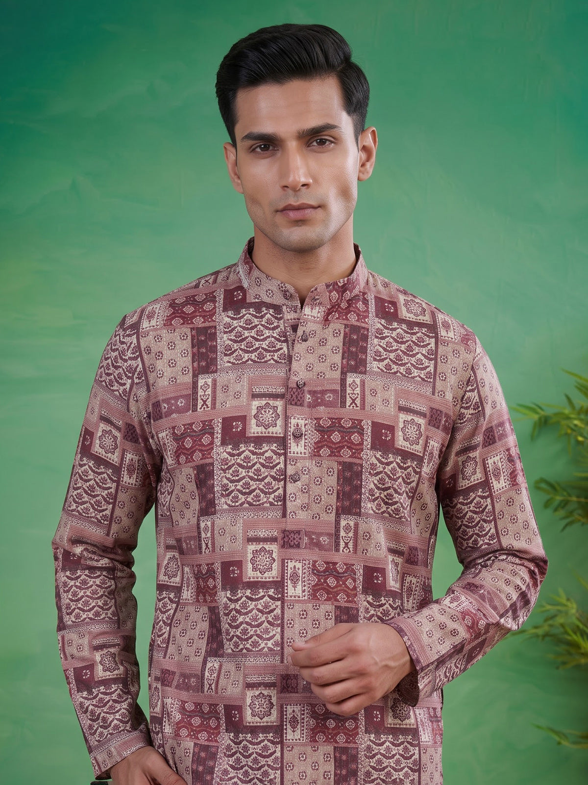 Wine printed cotton blend festive kurta suit for men with elegant pants