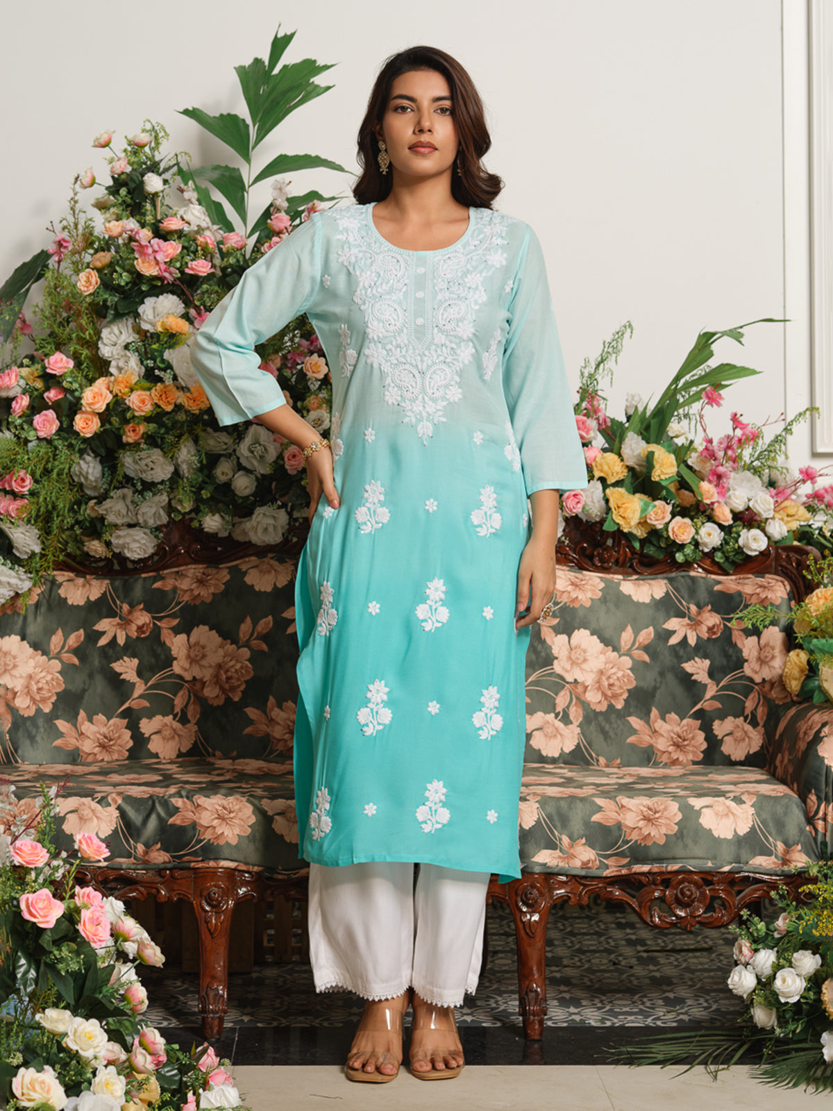 Blue timeless chikankari embroidered cotton silk kurti