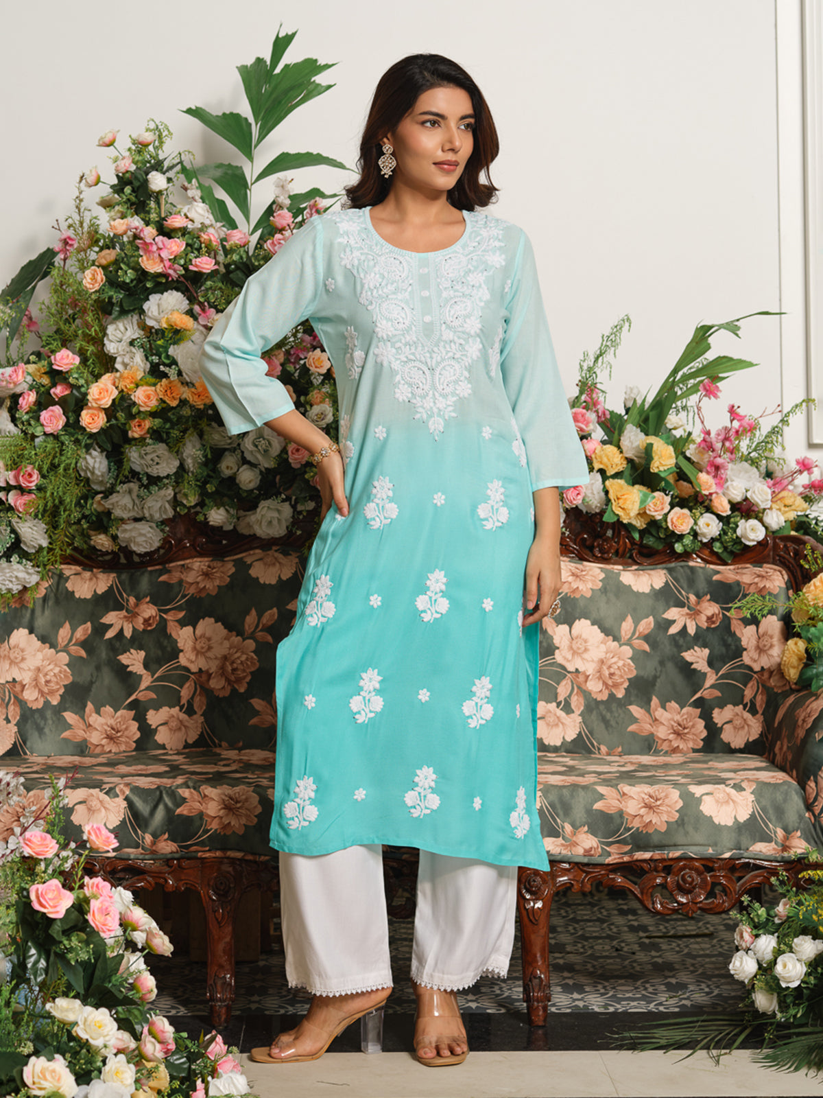 Blue timeless chikankari embroidered cotton silk kurti