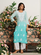 Blue timeless chikankari embroidered cotton silk kurti