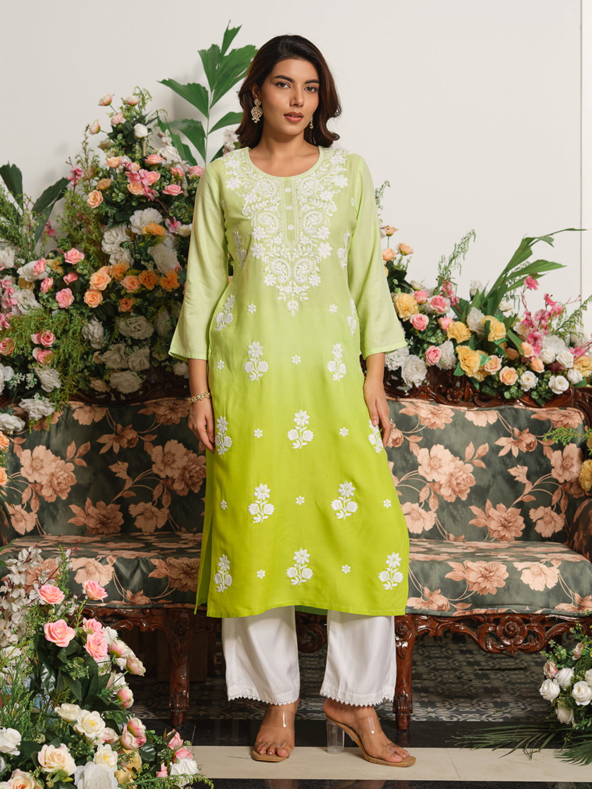 Lime green elegant ombre cotton silk kurti