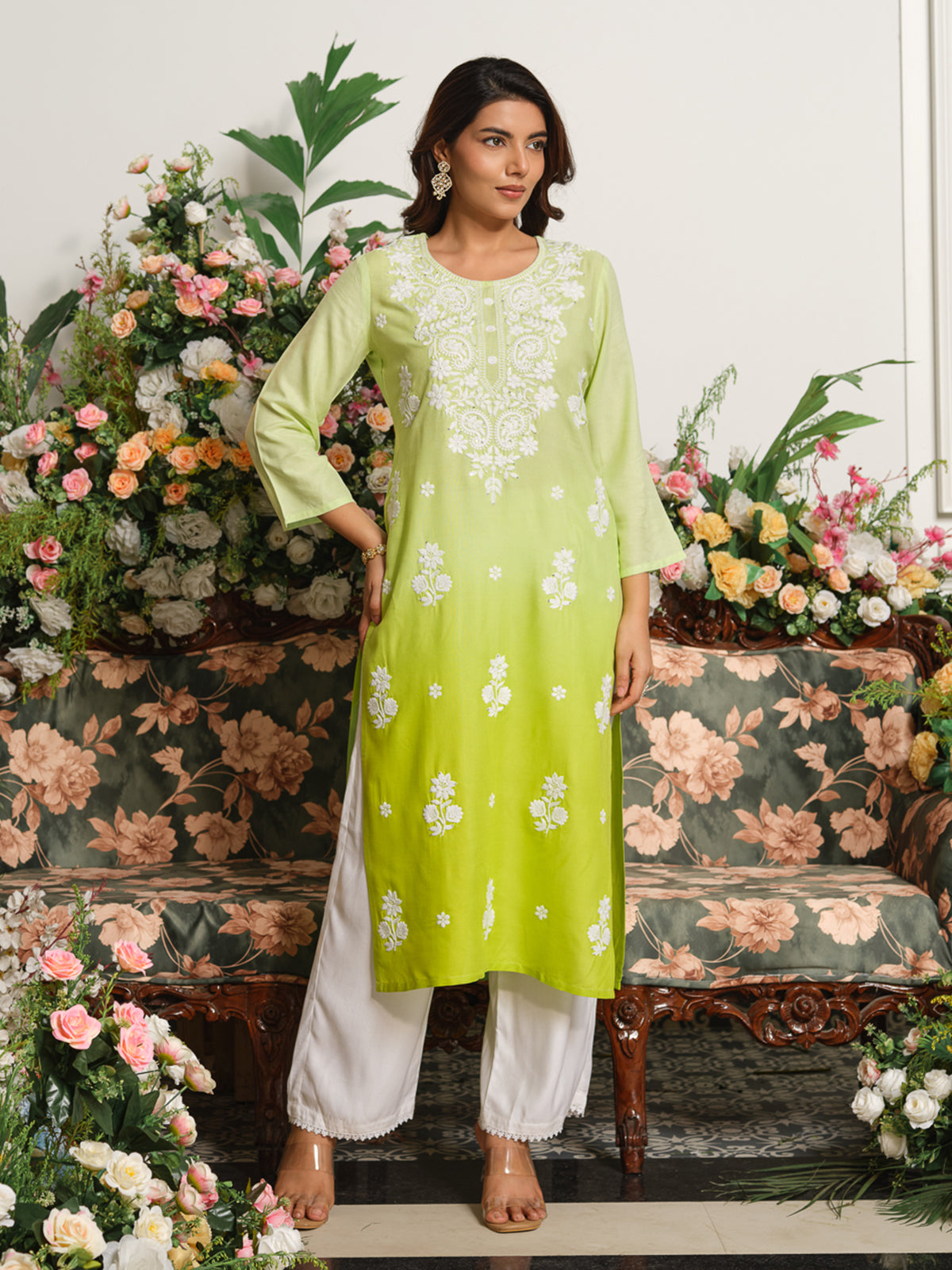 Lime green elegant ombre cotton silk kurti