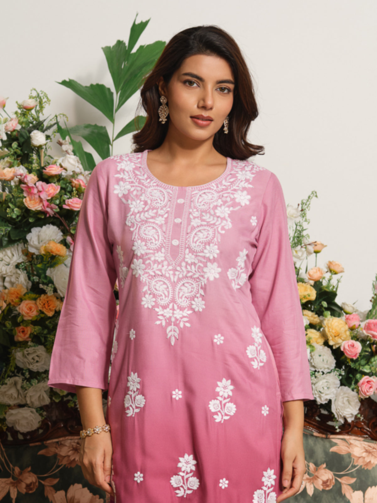 Rose pink classic chikankari straight cut kurti